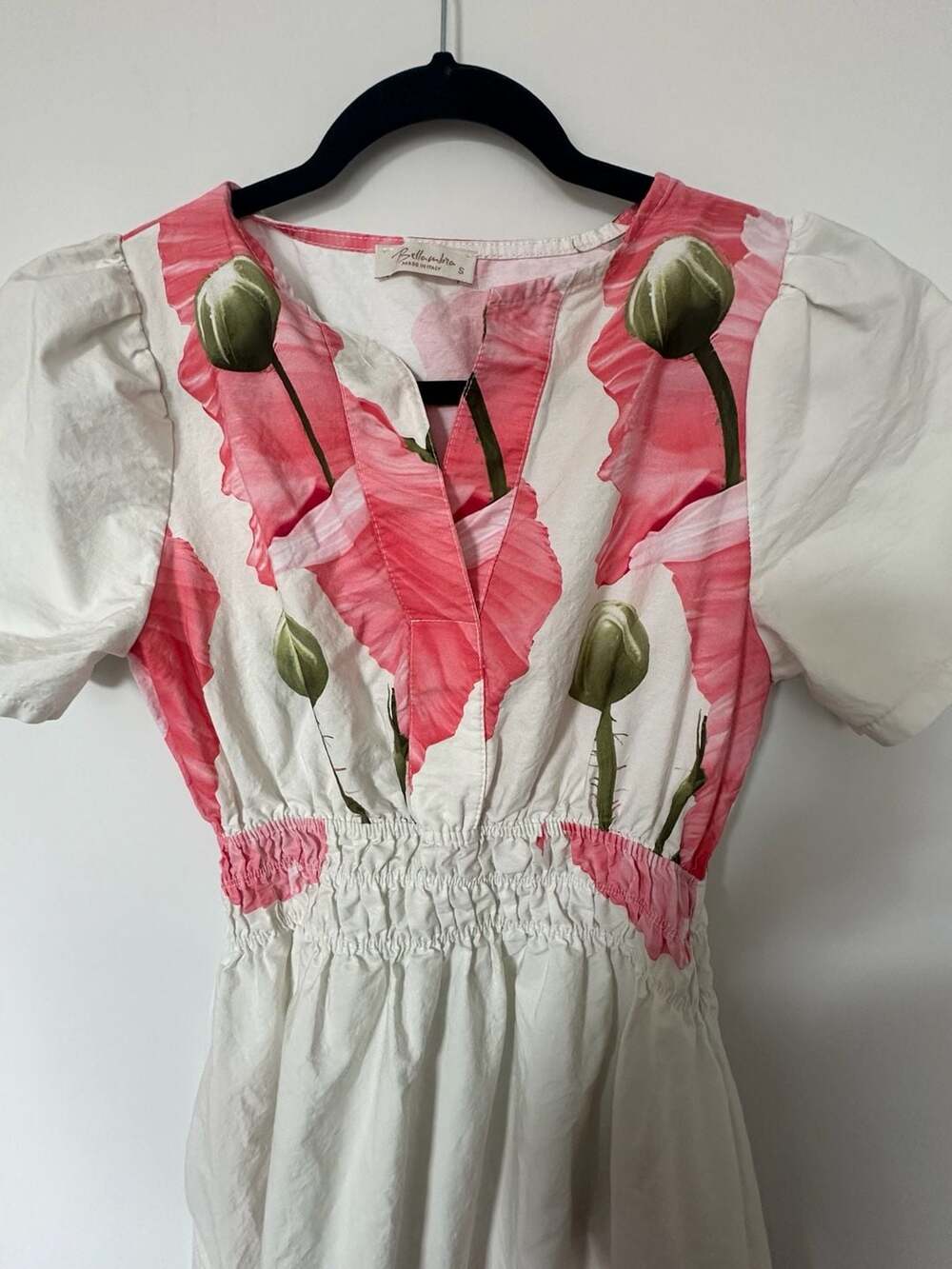Bellumbra Made In Italy Pink Poppy Floral Short Sleeve Smocked Waist V-Neck Dres - Picture 5 of 5